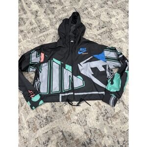 Nike Air Women All Over Print Cropped Jacket Black Green Gray Blue Size Large